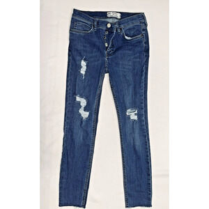 Free People Size W 28 Frayed Hem Jeans Distressed 5 Button Fly Stretch Med Wash